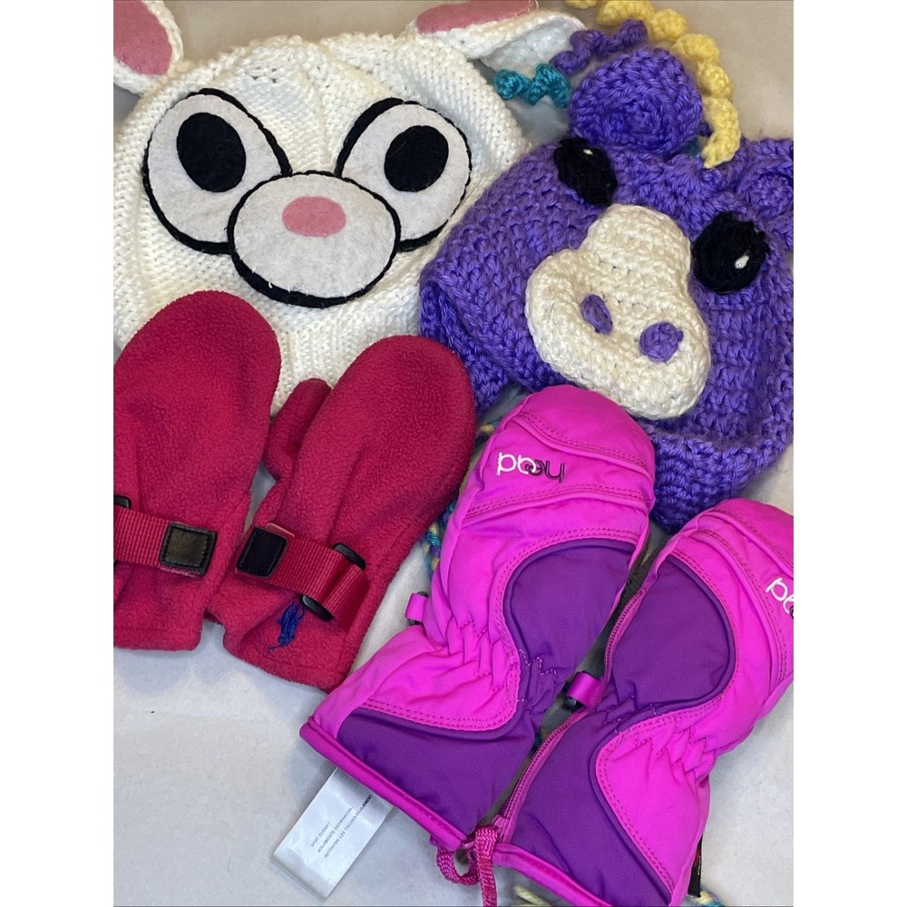 Child's Snow Gear Two Knit Hat Hats Two Mittens Pink‎ Heat Insulated Zipper